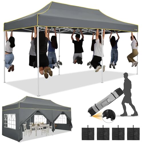 Image of HOTEEL 10x20 Heavy Duty Pop Up Canopy Tent with Sidewalls, Commercial Outdoor Canopy Tents for Parties Event Wedding with Roller Bag, Waterproof & UV 50+, Upgraded Thickened Hexagonal Legs, Gray