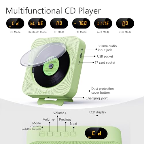 Portable CD Player with Bluetooth Desktop CD Player for Home CD Music Players with Remote Control,Timer,Built-in Dual Speakers with LED Display Home Audio Boombox FM Radio (Green)
