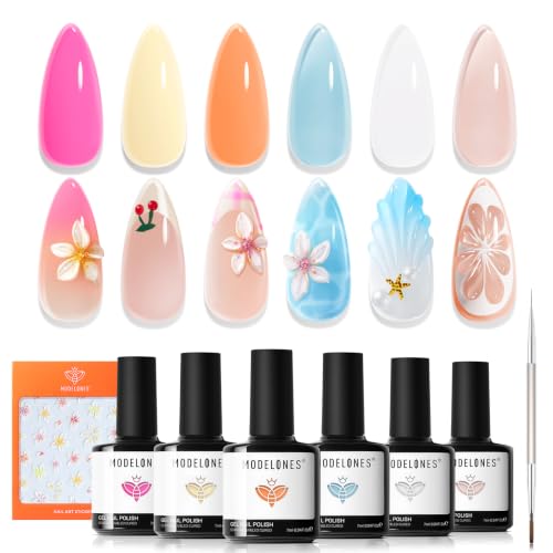 modelones Gel Nail Polish Set 6 Colors White Pastel Yellow Pink Orange Nude