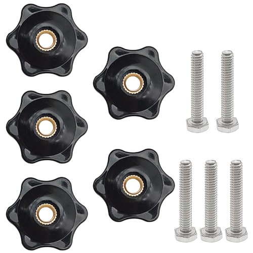 XYQMLY 6 Star T Track Knobs and Bolts Kit, 5 Pack 6 Star Knobs 1/4 Inch 20 Female + 5 Pack 1/4in 20 Thread T Bolts, Threaded Hexagon Head Thru Knob Clamping Knobs Jig Knobs T Knob