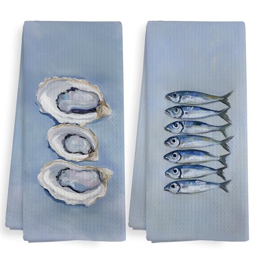 XNXLDYLH Summer Ocean Coastal Beachy Kitchen Towels and Dishcloths Sets of 2, Coastal Oyster Sardine Decor, Blue Ocean Beach Themed Nautical Decor Dish Hand Tea Towels for Bathroom Kitchen, 16x24 Inch