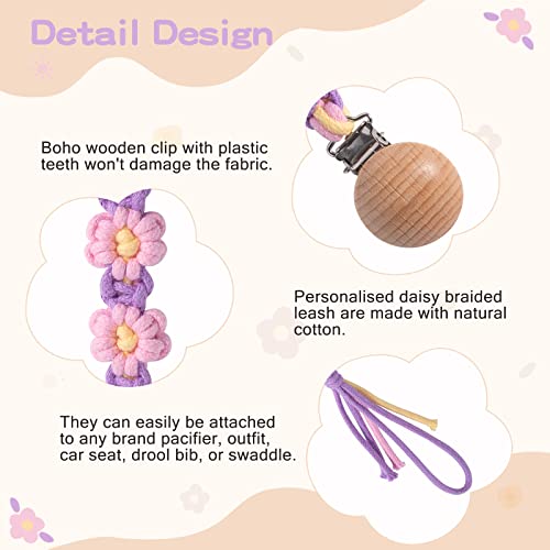 Image of Pacifier Clip for Boys Girls Floral Daisy Macrame Paci Clip Pacifier Holder Leash Boho Wooden Clips Handmade Braided Cotton Unisex Baby Shower Birthday Gift