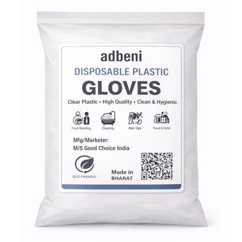 Image of adbeni Disposable Hand Gloves | Transparent & Waterproof | Premium | Clear Plastic PE for Kitchen, Food Handling, Cleaning, Hair Dye, Salon, Multipurpose Use | Powder-Free | Pack of 100 Pcs