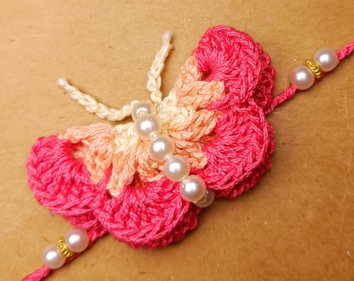 Image of Designer Butterfly Rakhi For Kids Baby Brother Bhai Sister Girls | Handcrafted With Soft Cotton Thread | Butterfly Crochet Rakhi For Kid Baby Boy Bro Brother Bhai Bhaiya Girl Sister Niece | Eco-Friendly & Soft on Skin | Pink Colour | Buy 2 Save 20%