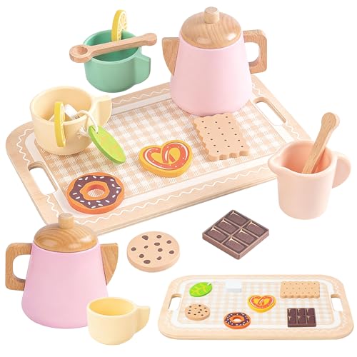 Juego de Te Infantil de Madera, Juego de Te para Niñas Educativo, Utensilios de Cocina para Muñecas en Tamaño Niños Pequeños, Set de Té de 16 Piezas para Niñas y Niños