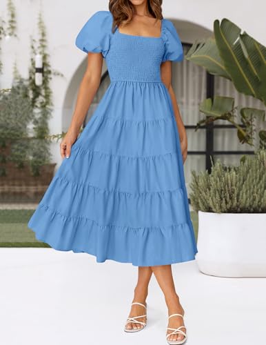 Image of ZESICA Women's 2026 Summer Puff Sleeve Midi Dress 2026 Boho Solid High Waist Flowy Beach Wedding Guest Long Dresses