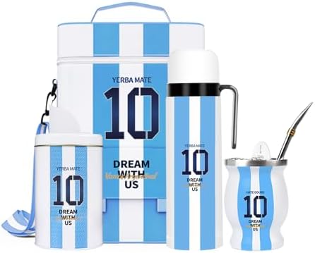 Kit completo para Yerba Mate – Incluye taza premium Argentina Captain NO.10 Mate, Bombilla (paja), botella térmica de 1000 ml, bolsa Matera, recipiente Yerbero, filtro de té y set de barba