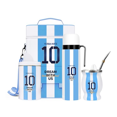 Kit completo para Yerba Mate – Incluye taza premium Argentina Captain NO.10 Mate, Bombilla (paja), botella térmica de 1000 ml, bolsa Matera, recipiente Yerbero, filtro de té y set de barba