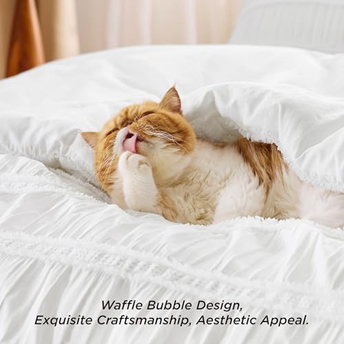 Image of Bedsure Boho Queen Comforter Set - White Waffle Weave Bedding Comforter Sets, Soft Breathable Lightweight Bed Set for All Season, 3 Pieces, 1 Puffy Comforter and 2 Pillowcases