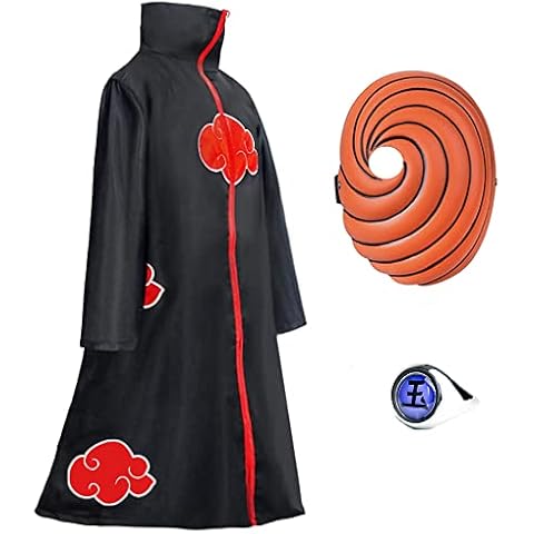 CULTURE PARTY Akatsuki Cloak Itachi Cosplay Costume for Kids Adult, Akatsuki Costume Set with Akatsuki Robe Ring Uchiha Obito Mask Halloween Anime Cosplay Fancy Dress Cover