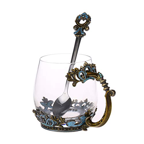 Flash Deals - 40% OFF Glass Tea Mug, Mother’s Day Gifts Glass Tea Cup with Handle, Unique Crown Enamel Design for Christmas Wedding Birthday Gift Present Idea(Classical Green/10.8Oz)