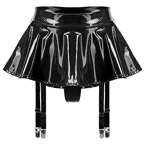 easyforever Womens Shiny Metallic Leather Micro Skirt Latex Liquid Ruffle Skirt Built-in Thongs3