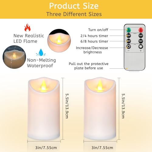 Image of Artmarry Flameless Candles Outdoor Indoor Pillars Battery Operated Flickering Candles Include 10-Key Remote Timer 400+ Hours by 2 AA Batteries (White Candle - Warm Light, 3 inch D x 6 inch H - 12 Pack)