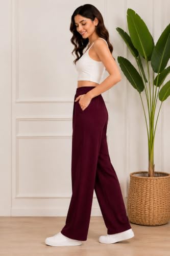 Image of Women's Mid Rise Wide Leg Trousers with Elastic Waist & Pockets