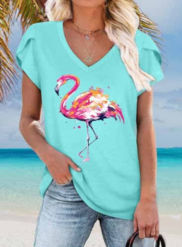 Womens Flamingo Print Tops Summer Sexy V Neck Petal Sleeve Casual Tee Tshirts S-3XL2