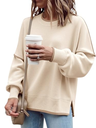 Saodimallsu Womens Fall Crew Neck Sweater Long Sleeve Color Block Sweaters Loose Casual Knit Pullover Tops