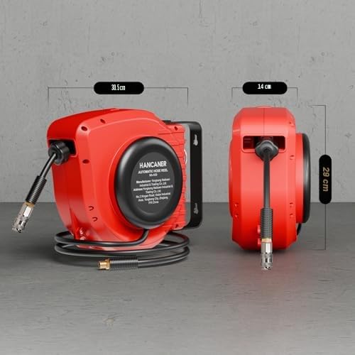 Hancaner Carrete de Manguera Neumática,15 m + 1,5 m Enrollador De Manguera De Aire Comprimido Carrete Automático, Conector de 1/4",Máx. 350 PSI/24 Bar,Soporte Giratorio de 180°,Tope Final Ajustable