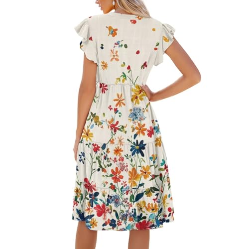 Image of Womens Summer Dress Ruffle Sleeve V Neck Dress Casual Fit Flowy Beach Vacation Sundress with Pocket S-2XL