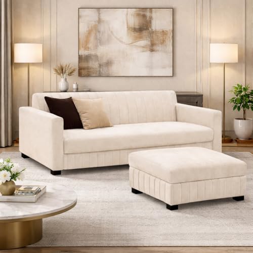 Image of FURNY Almora 4 Seater L Shape Sofa Set with Movable Ottoman | Flexible Left or Right Layout | Plush Velvet Fabric (Cream) | Perfect for Living Room, Guest Room & Office