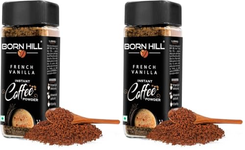 Image of BORN HILL French Vanilla Instant Coffee, 50g | 100% Arabica & 0% Chicory | Rich Vanilla Flavor | Makes 25 cups | Hot & Cold Brew | Vegan | Premium Coffee Powder (Pack of 2)