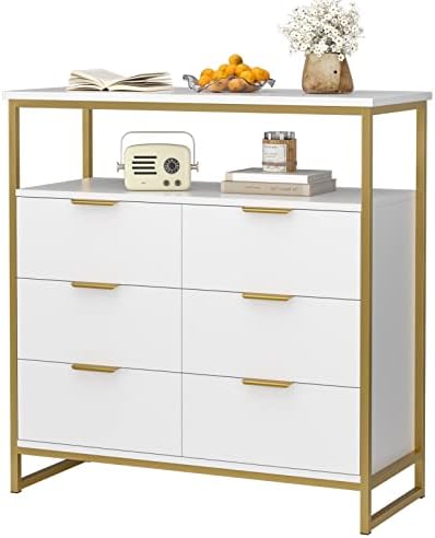 FACBOTALL Modern Dresser for Bedroom, 6 Drawer Dresser with Shelf, Wood Chest of Drawers with Sturdy Steel Frame, Large Capacity 6 Drawer Dresser for Closet, Bedroom,Living Room