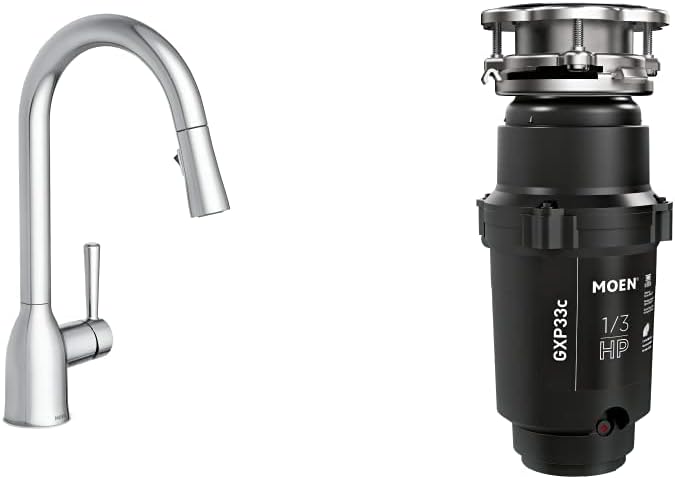 Moen 87233 Adler Chrome One-Handle High Arc Kitchen Sink Faucet with Pull Down Sprayer, Bundle with Moen GXP33C Lite Series PRO Black 1/3 HP Continuous Feed Garbage Disposal