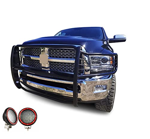 Image of Black Horse Grille brush Bumper Guard Modular Black Come With Pair of 5.3 inch Dia.LED Lights with Red Trim Rings Compatible with 2010-2018 Ram 2500|2011-2018 Ram 3500-17DR01MA-PLFR