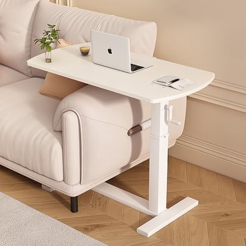Mesa auxiliar de sofá en forma de C de altura ajustable con marco de metal y ruedas, ideal para espacios pequeños en sala de estar, dormitorio u oficina, fácil montaje