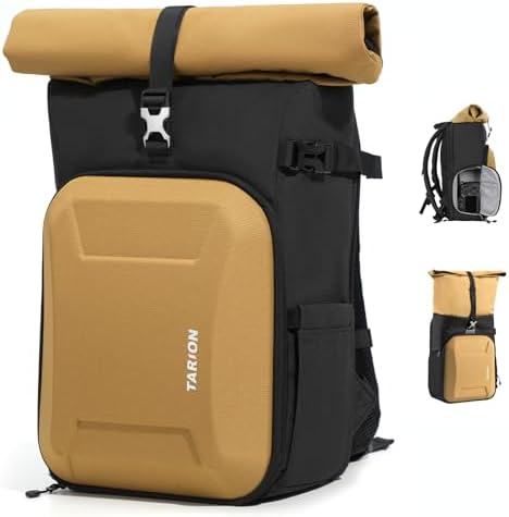 TARION Kamerarucksack Rolltop Fotorucksack mit Hartschale: Professionelle Kameratasche Spiegelreflex mit 16 Zoll Laptopfach für DSLR SLR Kameras Objektive Stativ(Gold)