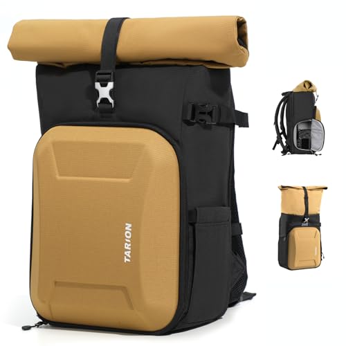 TARION Rolltop Mochila Cámara con Hardshell   Gran Bolsa Fotográfica con Funda Portátil 16 Pulgadas y Acceso Lateral Rápido   Mochila Fotografía DSLR con Cubierta Impermeable Soporte Trípode Dorado XH