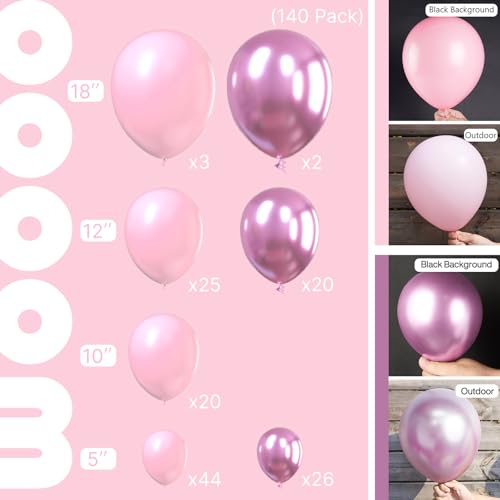 Image of PartyWoo Pink Balloons 140 pcs Different Sizes Pack of 18 12 10 5 Inch Light Pastel and Metallic Pink Balloon Arch Kit Garland For Birthday Baby Shower Wedding Party Decorations Pink-Q05 and Pink-G108