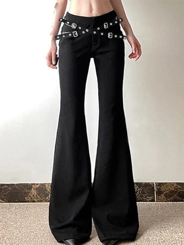 Women's Black Flared Pants Leather Buckle Waist Skinny Party Casual Pants2