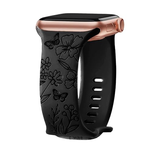 Floral Engraved Bands for Apple Watch Bands for Women 40mm 41mm 42mm 38mm 44mm 45mm 46mm 49mm,Soft Sport Silicone Floral Embossed Strap Wristband for iWatch Series 11 10 9 8 7 6 5 4 SE/2nd Ultra/2/3