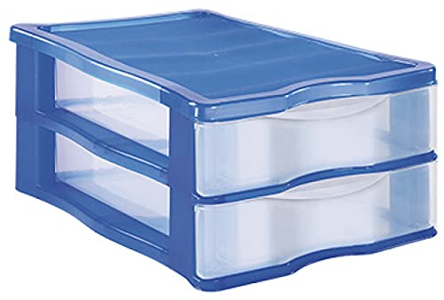 TIENDA EURASIA® Cajonera de Plastico de Sobremesa Apilable - Estructura de Color y Cajones Transparentes - Ideal para organizar el escritorio (Azul, 2 Cajones - 36 x 16,5 x 28 cm)