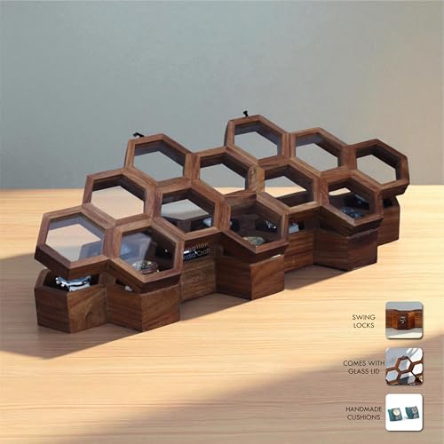 Image of Vintage Wooden Watch Box for Men, Timepiece Display Case, Honeycomb Watch Storage & Organizer, Jewlery Box for Women, Anniversary Gift For Husband (12 Compartments)