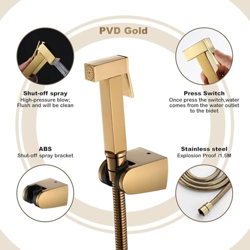 Image of Brass Jet Spray for Toilet | Premium Health Faucet Set | Bathroom Bidet Spray with Stand & 1.2m Flexible Hose (Gold Glossy Finish)