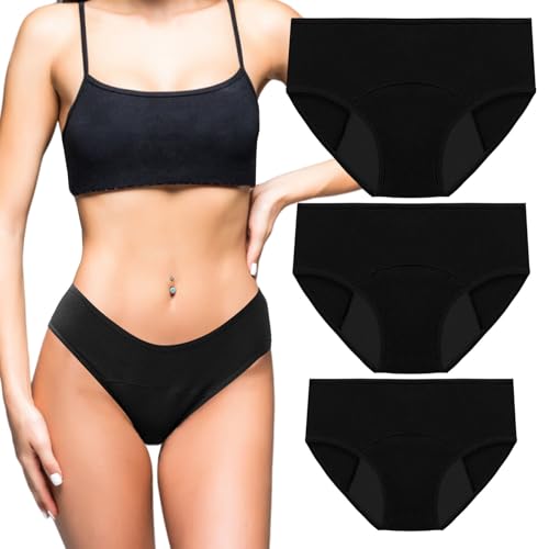 EOAMGO Period Pants for Women, 3PCS Period Underwear, Leakproof Underwear for Women, Period Pants Heavy Flow, Period Knickers Women (UK, Alpha, M, Regular, Regular, Black)