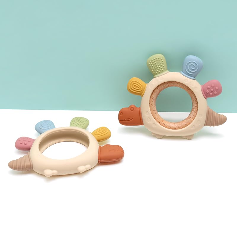 Miniatura 8 de Juguete mordedor de dinosaurio para bebé, silicona sin BPA y anillo de madera de haya natural para aliviar la dentición infantil, seguro, no tóxico,
