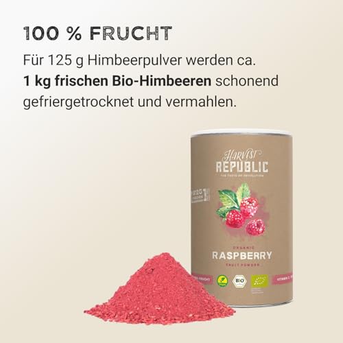 HARVEST REPUBLIC Bio-Himbeerpulver aus gefriergetrockneten Früchten | Perfekt für Smoothie Bowls, Porridge und Frühstücksbowls | 100% Fruchtpulver ohne zugesetzten Zucker (125 g)