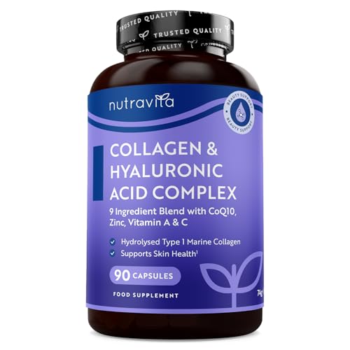 Colageno Marino y Acido Hialuronico Complex con Magnesio y Colageno + Vitamina C + Vitamina D + Vitamina B12 + Zinc + Vitamina A + Coenzima Q10-90 Cápsulas para 3 Meses - Nutravita