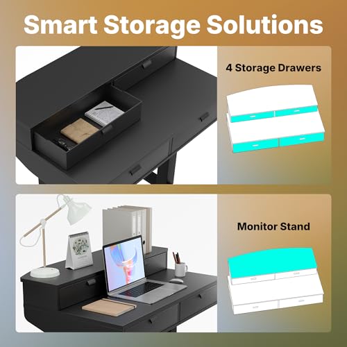 Image of HUANUO 32 X 20 inch Electric Standing Desk with 4 Drawers, Adjustable Height Sit Stand Home Office Desk, C-Clamp Mount Compatible, Ergonomic Stand up Desk with 4 Preset Heights, Black
