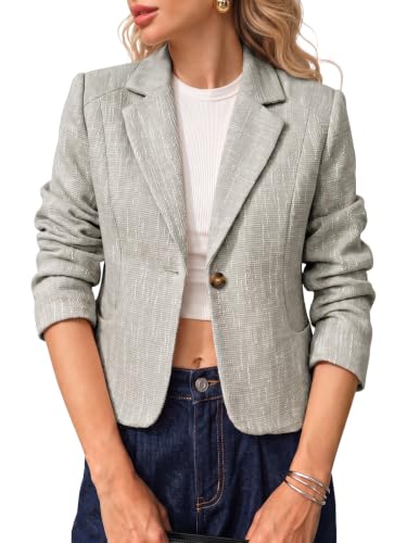 Cicy Bell Womens Cropped Tweed Blazers Collared Suit Jackets Blazer Grey