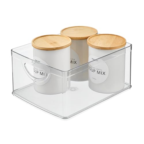 Image of iDesign Plastic Stackable Kitchen Cabinet Storage Bin, Clear | With Handles, Pantry Organizer