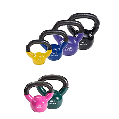 Body-Solid Vinyl Coated Kettlebell Set (KBVS70) with Kettle Grip Chrome Handle, Kettlebells for Weight Training and Core Workout Exercise Equipment, 5-20 lbs. Set