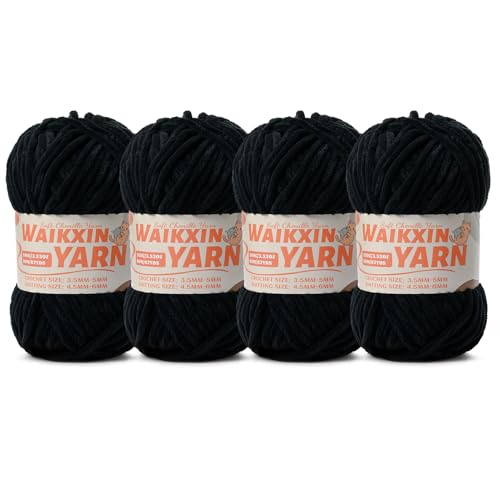 Image of (4 Black) 4 Pack Super Soft Fuzzy Chenille Chunky Yarn for Crocheting, 400g (350yds) Velvet Fluffy Amigurumi Yarn for Hand Knitting Baby Blankets Weaving Craft