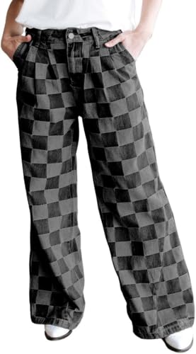 yoeasy Women's Wide Leg Jeans Checkered High Waisted Straight Leg Baggy Loose Stretch Plaid Casual Denim Pants4