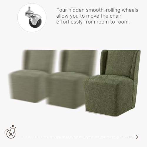 Image of KISLOT Upholstered Dining Chairs Set of 1 with Casters, Wingback Modern Side Armless Deskchair with Rollers for Diningroom Bedroom Livingroom Reading Room, Green Fabric