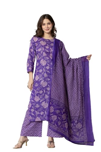 Image of YUVVIK Women's Ethnic Kurta Set | Floral Cotton Kurti with Palazzo & Matching Dupatta | Trendy Plus Size Suit for Festivals, Parties & Daily Outfit