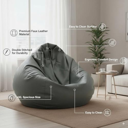 Image of 4XL Faux Leather Tear Drop Bean Bag Cover with Handle (Without Beans) Large Bean Bag Sofa Chair Cover for Adults & Kids Comfortable & Durable Seating for Living Room & Bedroom
