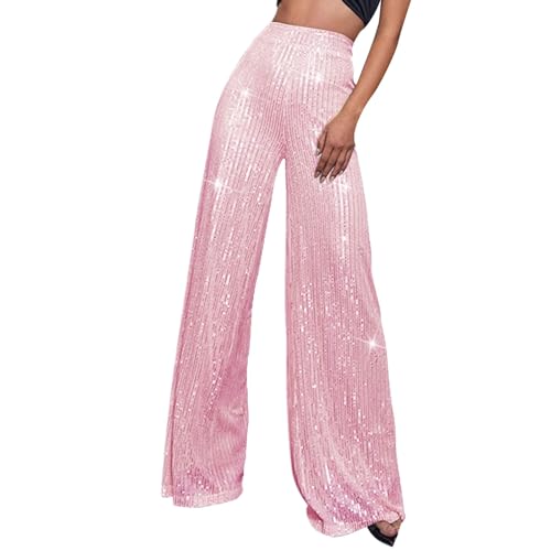 Womens Wide Leg Pants Elastic High Waist Sequin Sparkly Dance Pants Baggy Summer Fashion Baggy Palazzo Stretch Trousers Pink